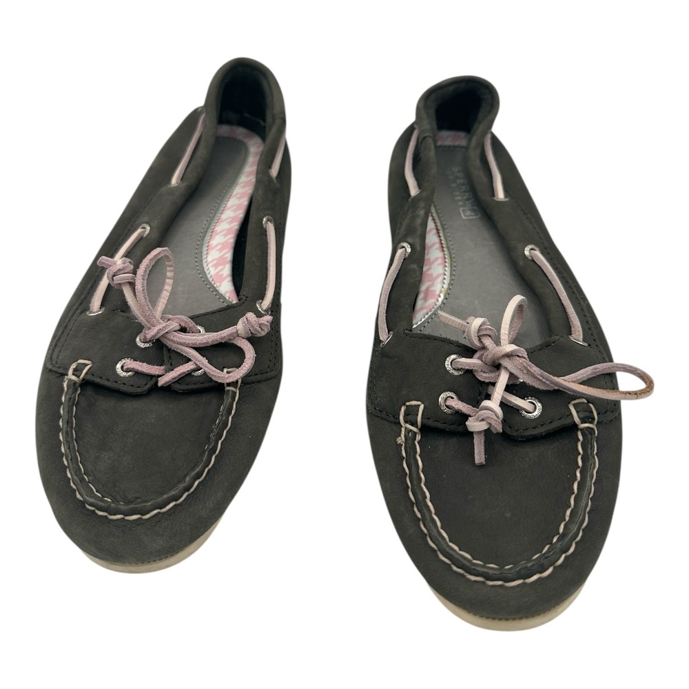 Sperry Top Sider Women's Dark Gray Leather Boat Shoes Size 8M Pink Laces
